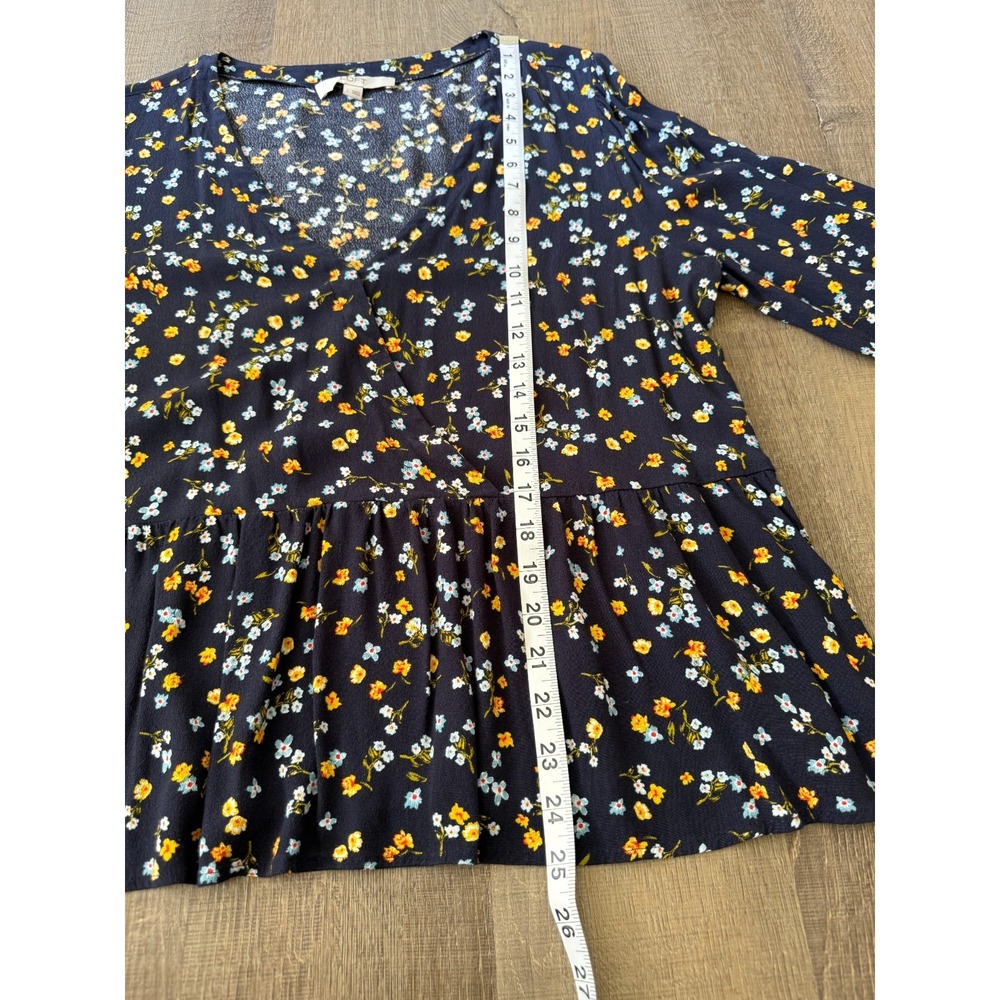 LOFT Women's L Navy Floral Print Faux Wrap V-Neck Long Sleeve Peplum Hem Blouse - Picture 7 of 10
